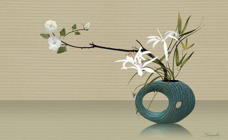 Ikebana with Turquoise Vase Digital Art by M Spadecaller