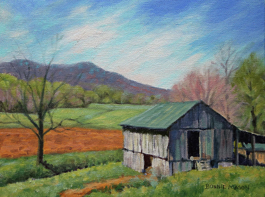 Spring Painting - Ikenberrys Barn in spring -  old barn with teal roof by Bonnie Mason