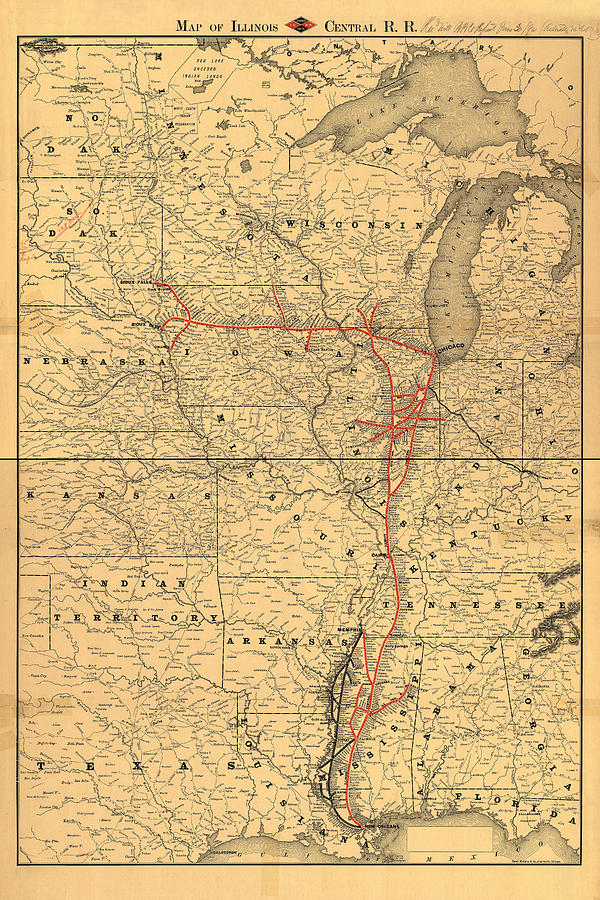 Illinois Central Railroad Antique Map Railroad Map 1892 Drawing by ...