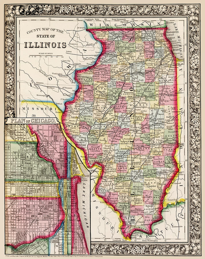 Illinois County Map with Plan of Chicago INsert, 1863 Photograph by Phil Cardamone