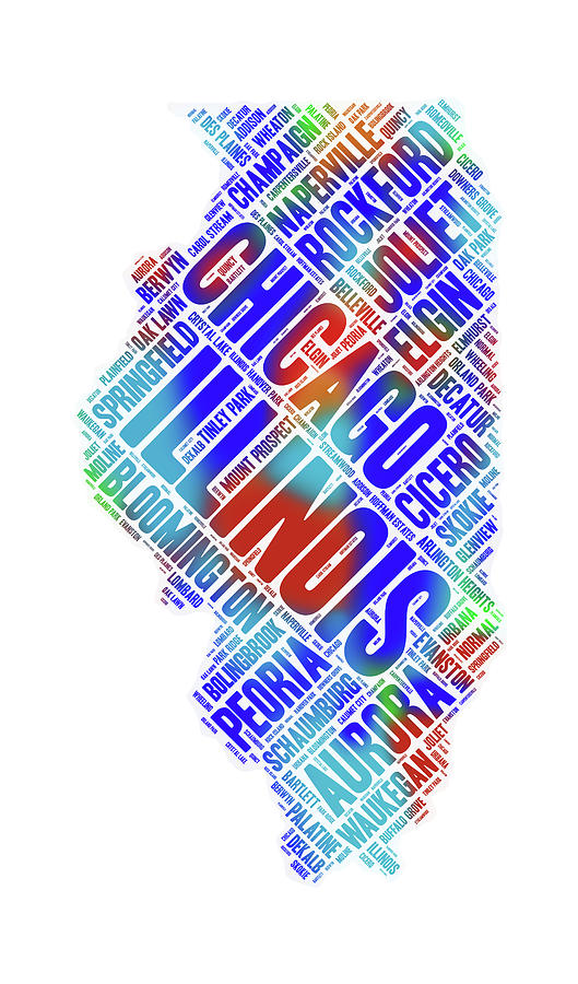 Illinois State Word Art Map with Cities Digital Art by Peggy Collins