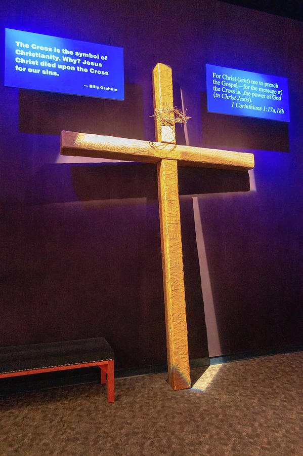 Illuminated Crusifixion Cross And Scripture Quotes At Billy Grah Photograph by Alex Grichenko