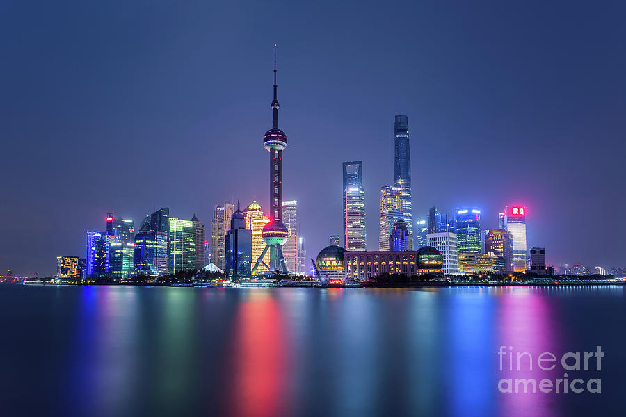 Illuminated Shanghai Skyline Reflecting Photograph by Xia Yuan