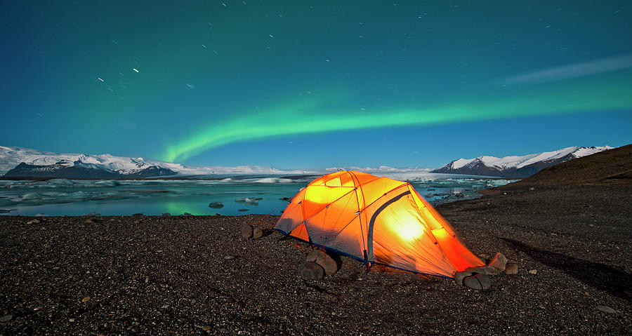 Illuminated Tent In The Arctic With Northern Lights In The Sky ...