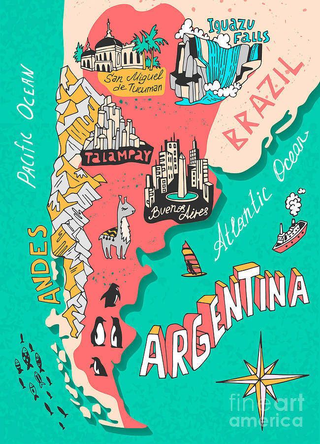 Illustrated Map Of Argentina Travel Digital Art by Daria i Pixels