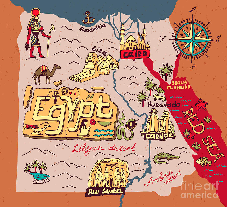 Illustrated Map Of Egypt Digital Art By Daria I   Illustrated Map Of Egypt Daria I 