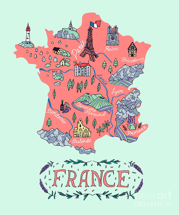 Travel Map Of France Illustrated Map Of France Travel Digital Art By Daria I | Fine Art America