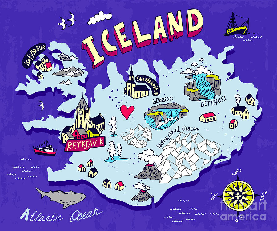 Illustrated Map Of Iceland Travel Digital Art by Daria i Pixels