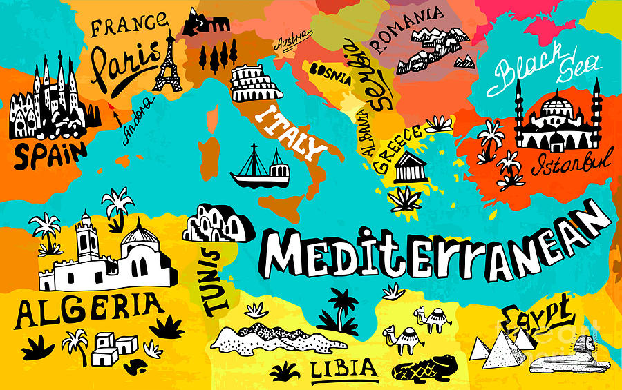 Illustrated Map Of Mediterranean Digital Art by Daria i Pixels