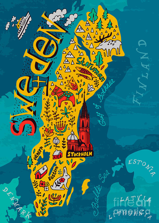 Country Digital Art - Illustrated Map Of Sweden by Daria i