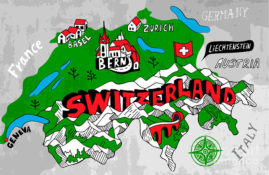 Illustrated Map Of Switzerland Digital Art by Daria i Pixels Merch