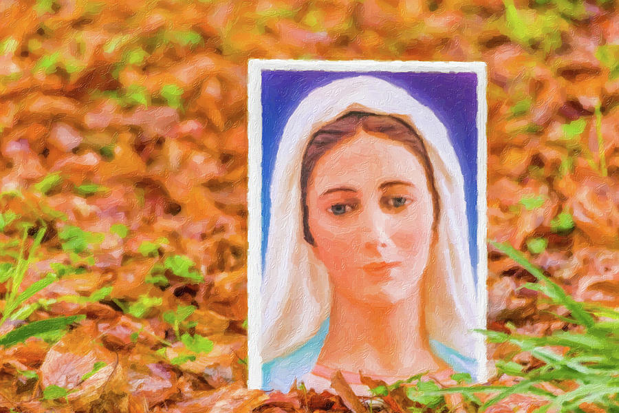 illustration of Blessed Virgin Mary on carpet of leaves Photograph by Vivida Photo PC