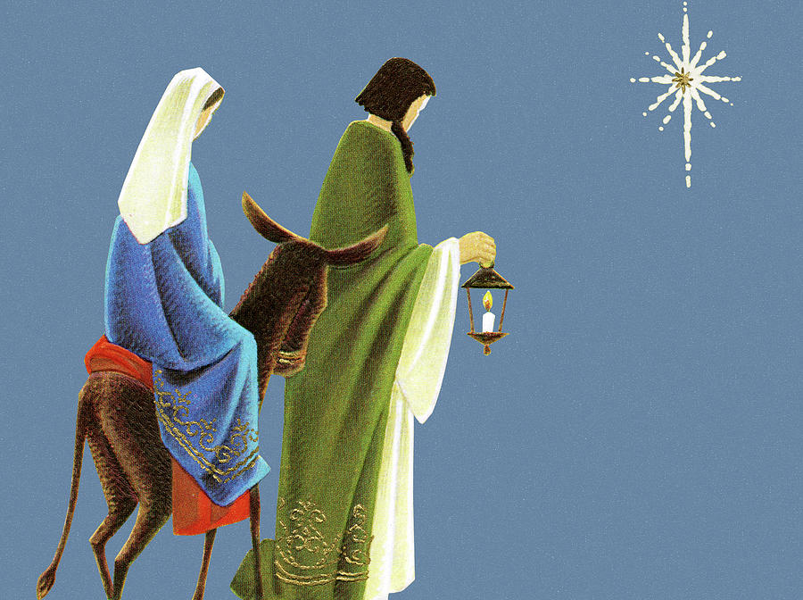 Illustration of Joseph and Virgin Mary riding donkey Drawing by CSA