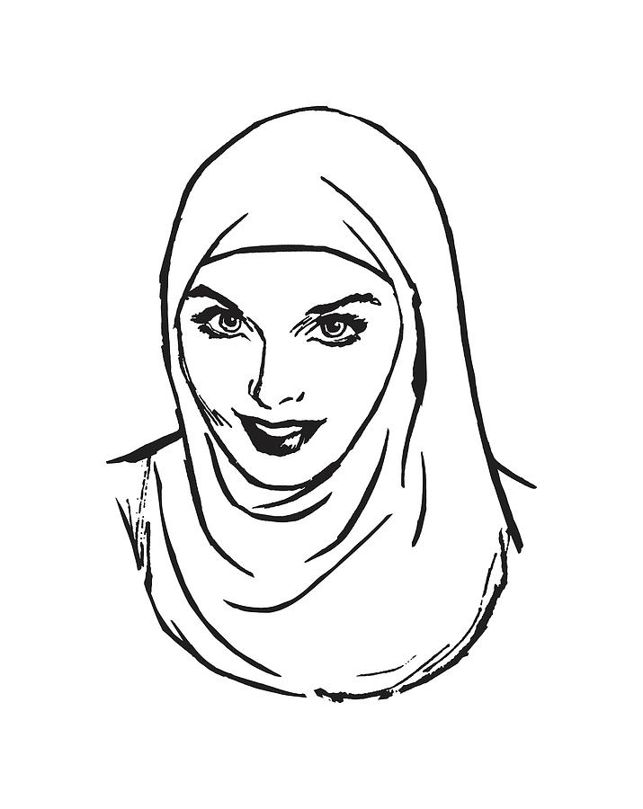Black And White Drawing - Illustration of Muslim woman in hijab by CSA Images