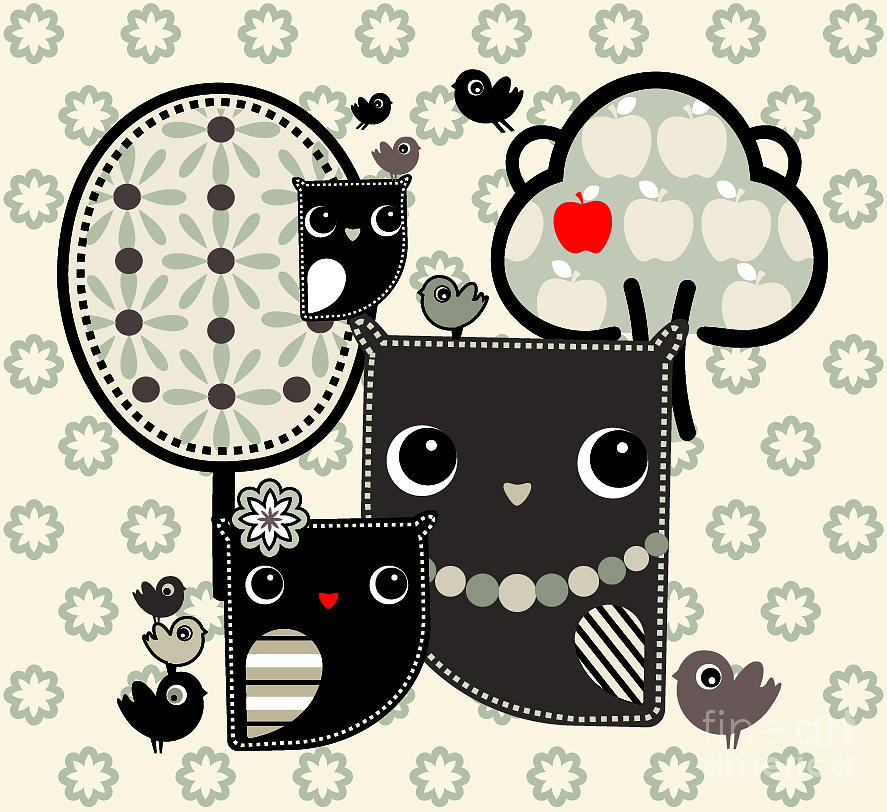 Small Digital Art - Illustration Of Owls In The Woods by Ksyu37 Small Digital Art - Illustration Of Owls In The Woods by Ksyu37