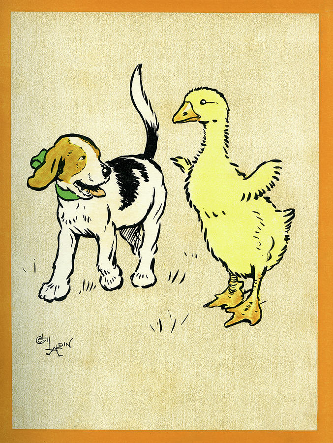Illustration of puppy and gosling Mixed Media by Cecil Aldin