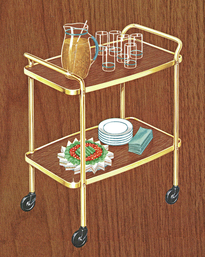 Vintage Drawing - Illustration of serving cart with food against wooden background by CSA Images