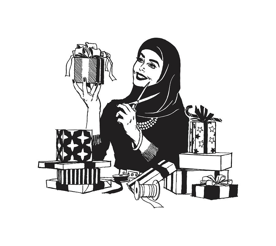 Black And White Drawing - Illustration of smiling woman wrapping gifts by CSA Images