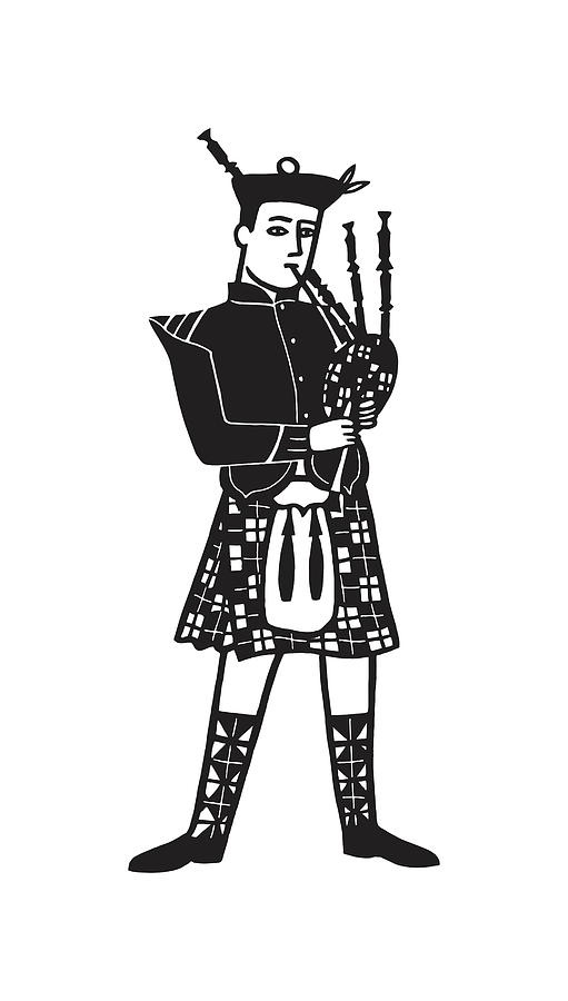 Black And White Drawing - Illustration of stereotypical Scottish man playing bagpipes by CSA Images