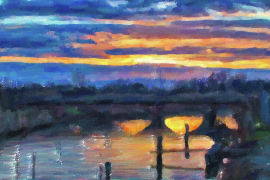 Illustration Of Sunset On River Under  Ancient Railway Bridge Photograph by Vivida Photo PC