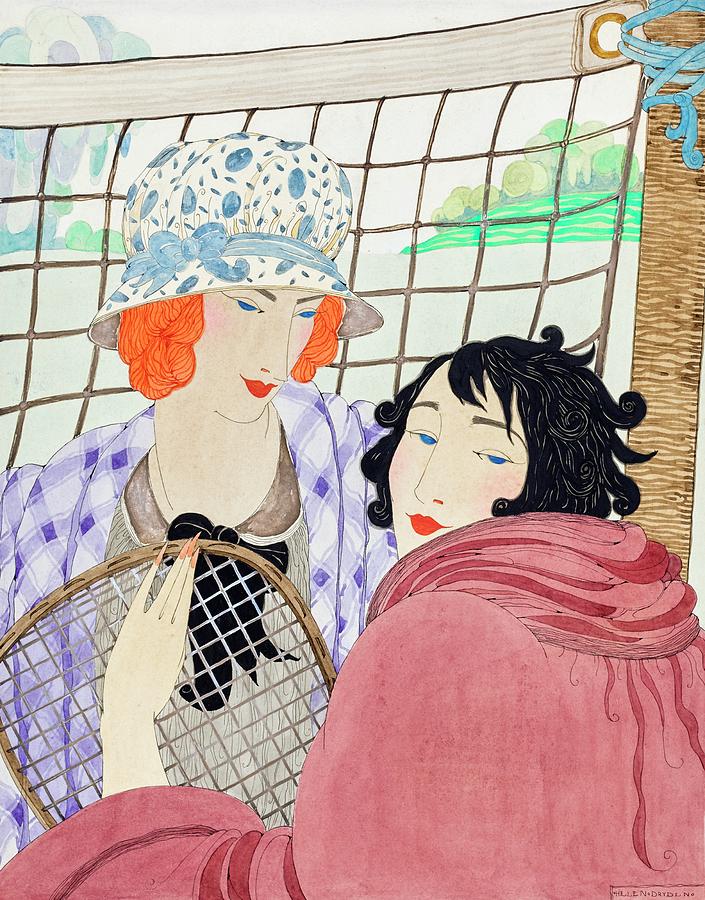 Illustration Of Two Women On A Tennis Court Painting by Helen Dryden