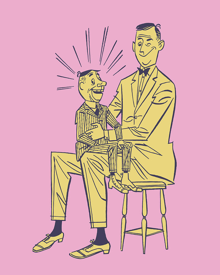 Vintage Drawing - Illustration of ventriloquist sitting in chair with dummy by CSA Images