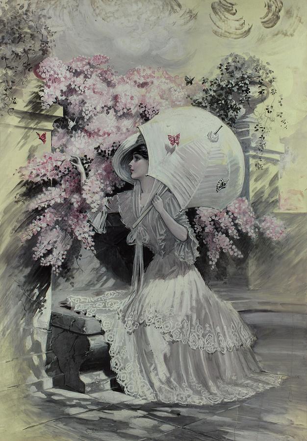 Illustration Of Woman With Parasol On Bench Painting by Mortimer