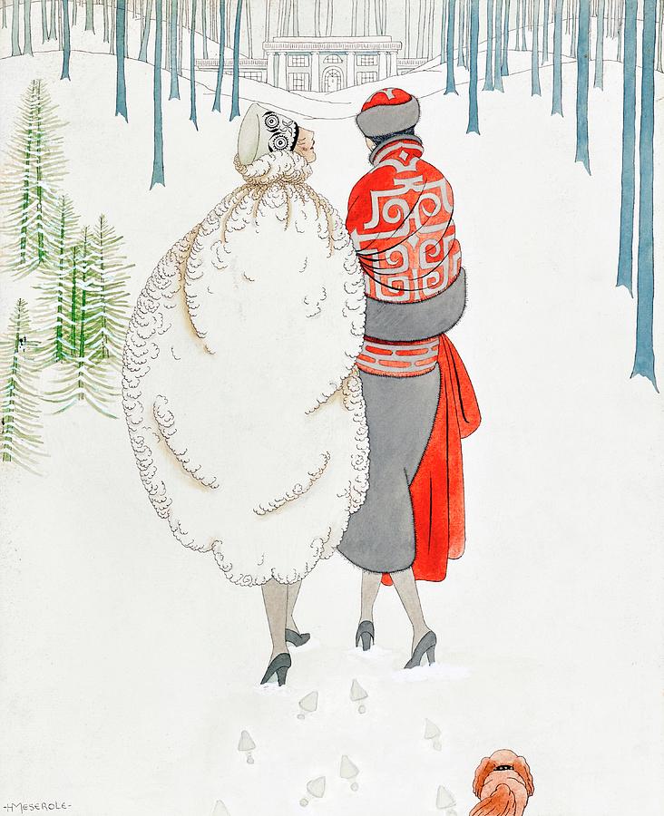 Illustration Of Women Walking Through Snowy Woods Painting by Harriet Meserole
