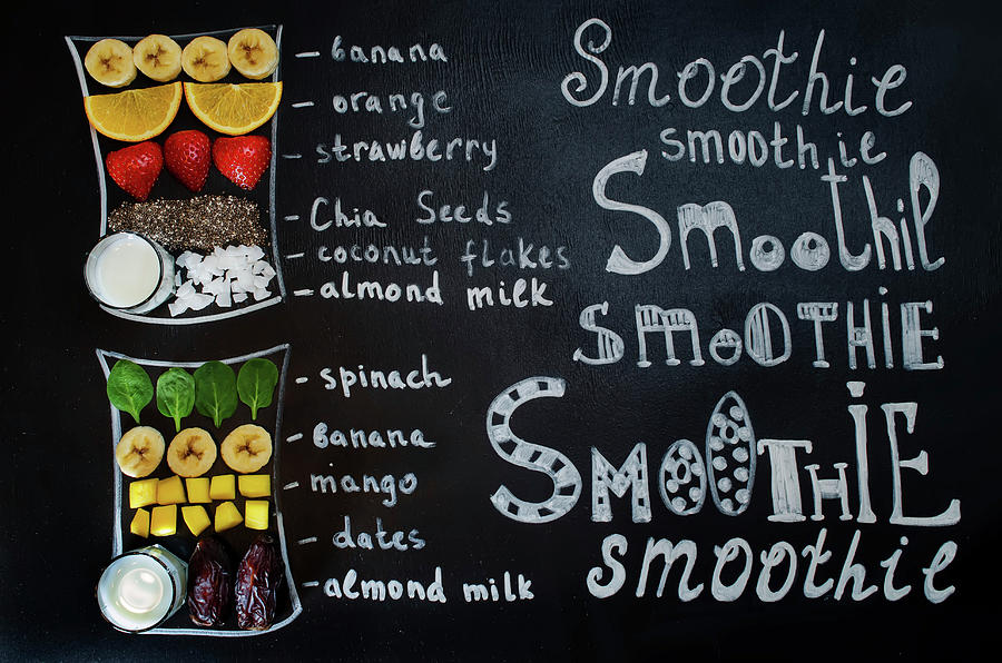 Illustrations And An Ingredient List For Two Fruity Smoothies Photograph by Natasha Arz