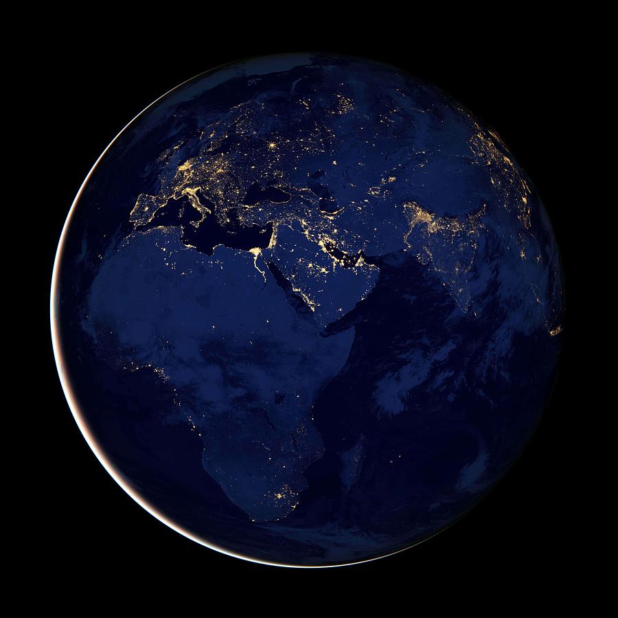 Image of Europe, Africa, and the Middle East at night. Original from NASA Painting by Celestial Images