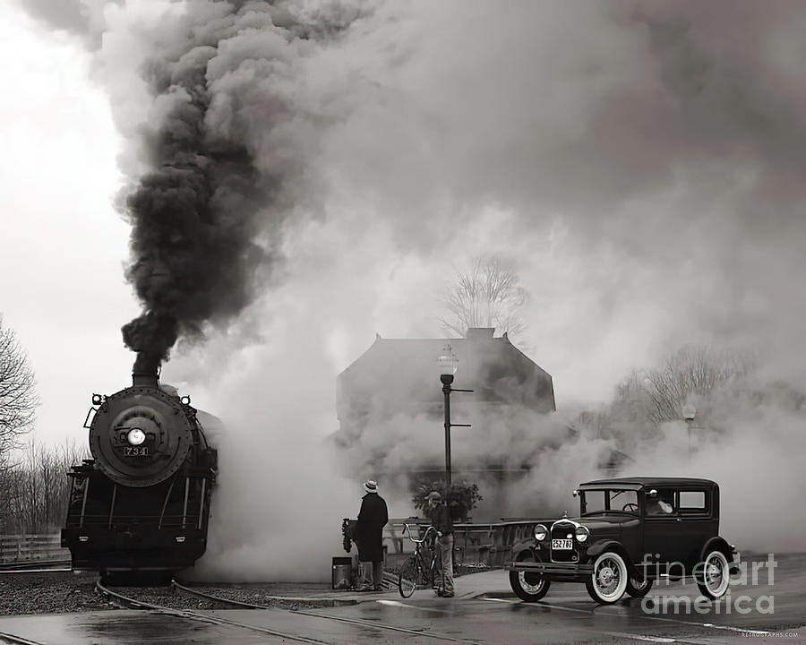 Image Of Steam Locomotive And Model A Ford At Intersection Photograph by Retrographs