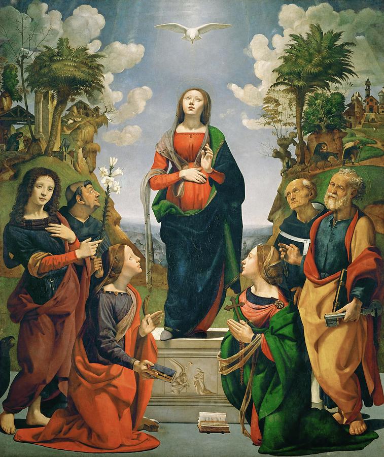 Immaculate Conception with Six Saints. Oil on wood, 206 x 172 cm Inv. 506. Painting by Piero Di Cosimo Piero Di Cosimo