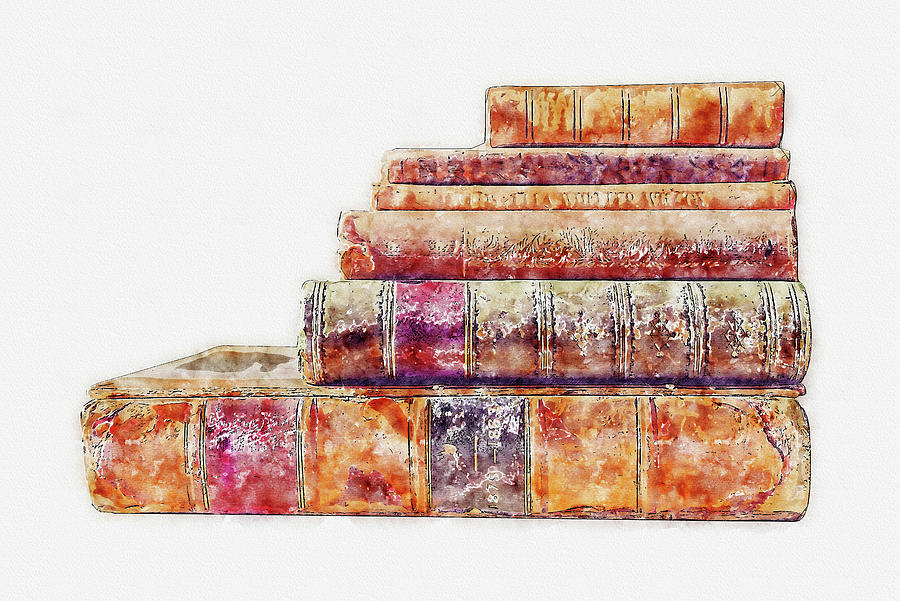Impressionist watercolor drawing - vintage books by Hasan Ahmed