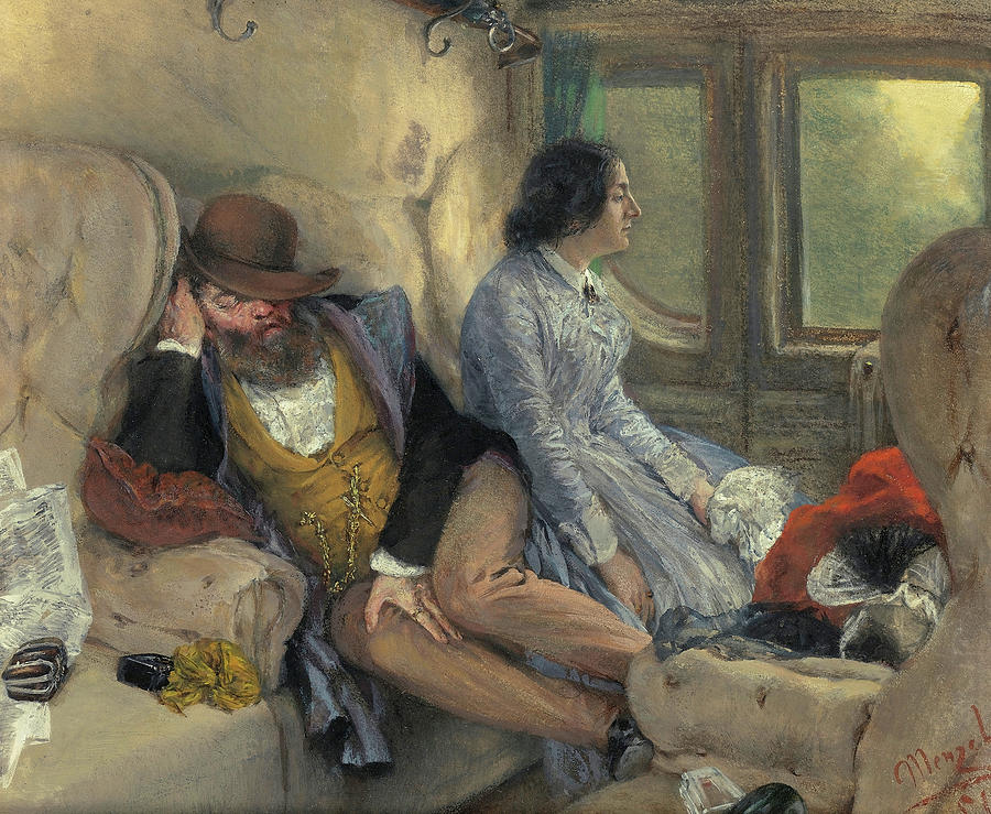 Adolph Menzel Painting - In a Railway carriage by Adolph von Menzel