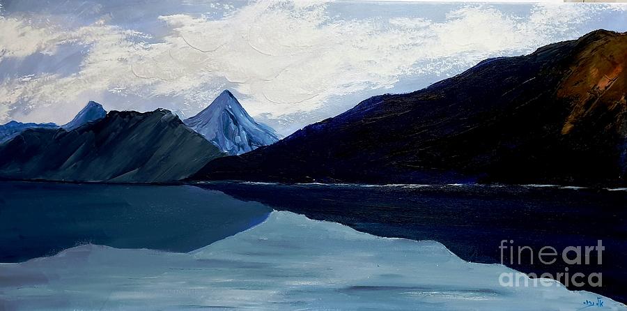 In synergy of sky, clouds, mountains and lake Painting by Eli Gross