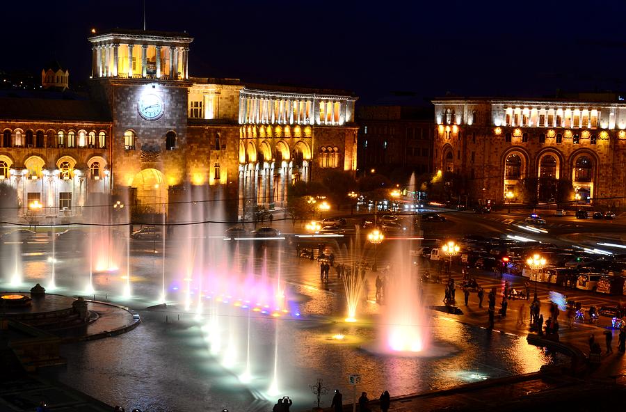 In The Evening, Daily Water Games With Music At Republic Square, Yerevan, Armenia, Asia Photograph by Thomas Stankiewicz