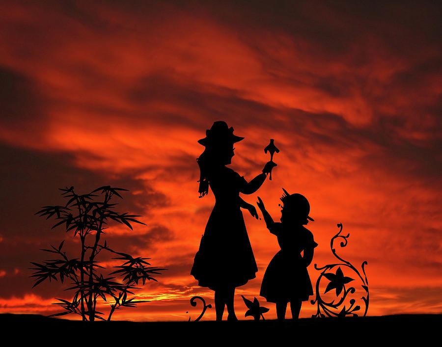 In The Garden Mother and Daughter Sunset Silhouette Series   Mixed Media by David Dehner