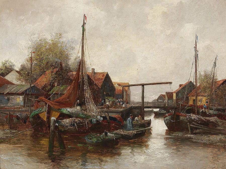 In the Harbour by Adolf Kaufmann 1916 Painting by Adolf Kaufmann