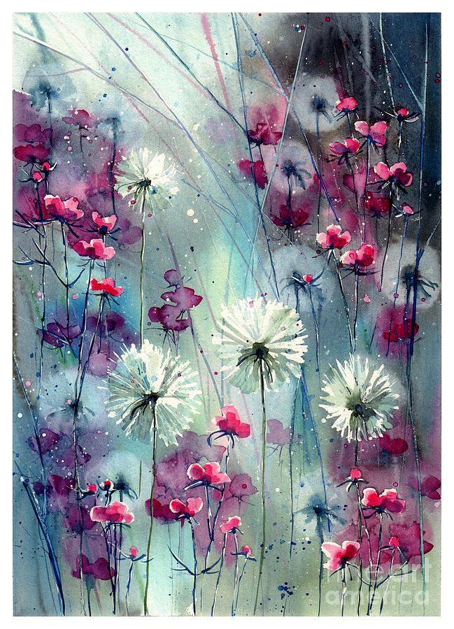 Floral Painting - In The Night Garden - Pink Buds by Suzann Sines Floral Painting - In The Night Garden - Pink Buds by Suzann Sines