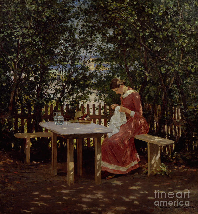 In the summer house Painting by O Vaering by Gerhard Munthe