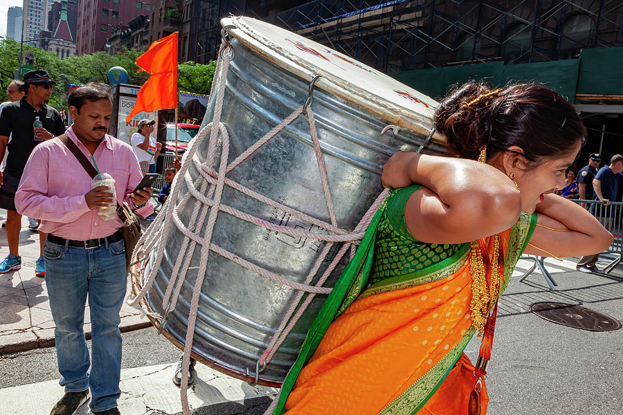 India Day NYC 8_18_2019 Female Drummer Carrying Drum Photograph by Robert Ullmann