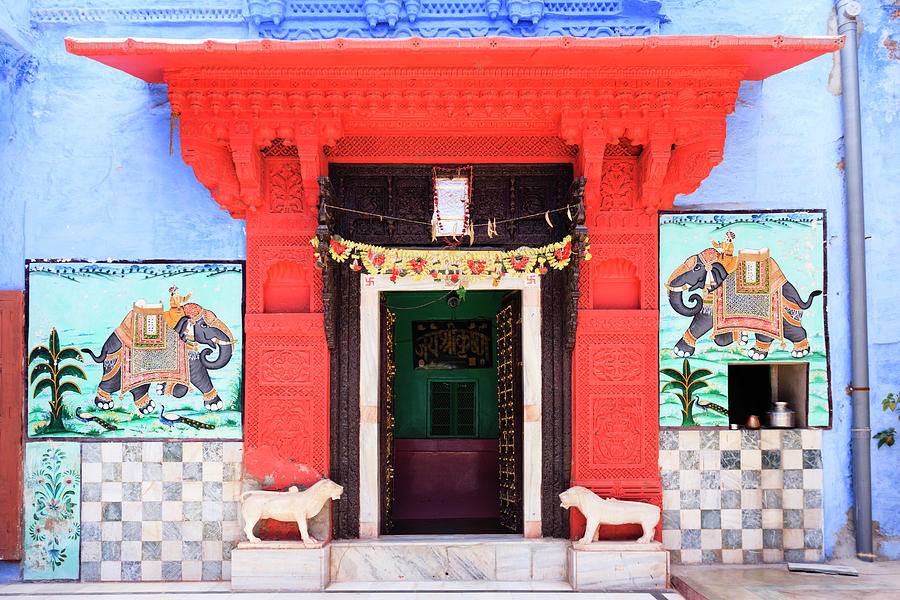India, Rajasthan, Jodhpur, Colorful Temple Doorway Digital Art by Suzy Bennett