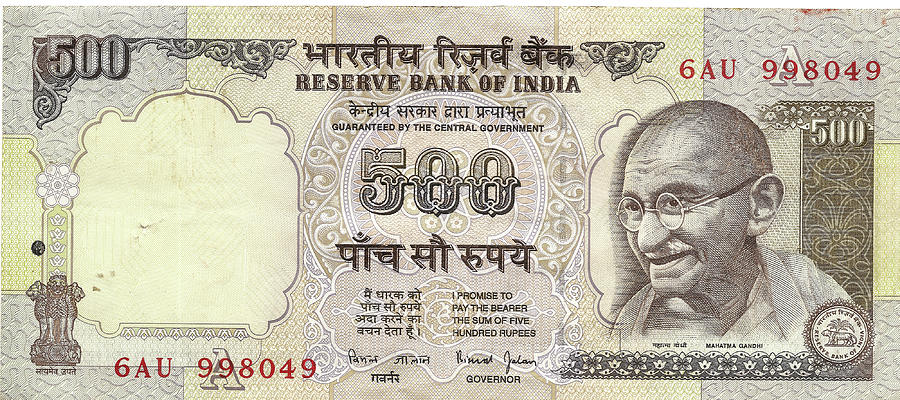 Indian 500 rupee note with portrait of Gandhi  Photograph by Steve Estvanik
