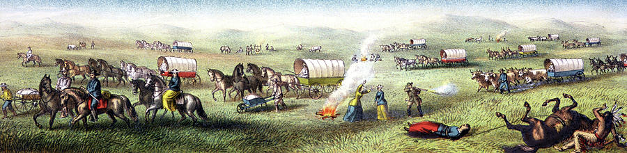 Indian attack on a wagon train Painting by Kurz & Allison - Fine Art ...