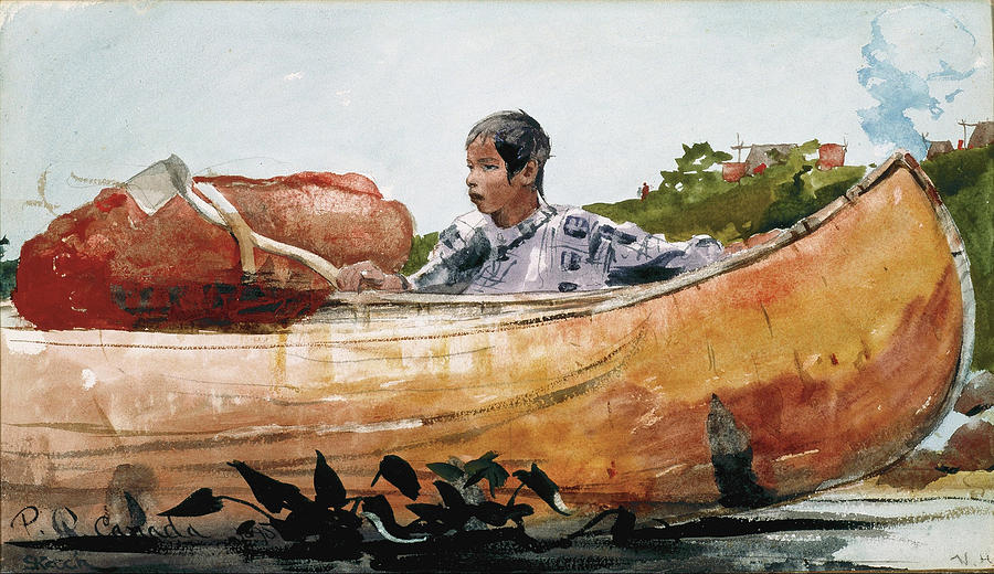 Indian Boy with Canoe Drawing by Winslow Homer