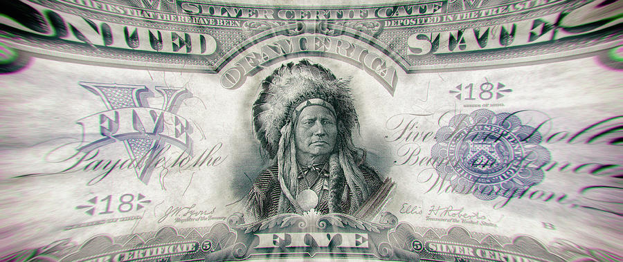 Indian Chief 1899 American Five Dollar Bill Currency Panorama Artwork Digital Art by Shawn OBrien