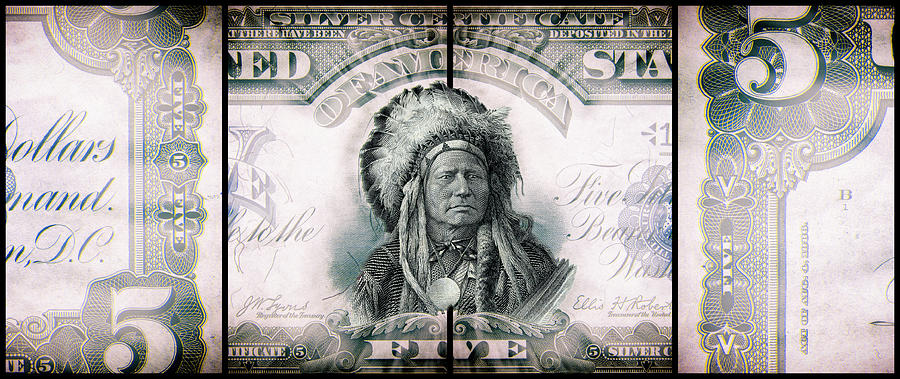 Indian Chief 1899 American Five Dollar Bill Currency Polyptych Artwork Digital Art by Shawn OBrien