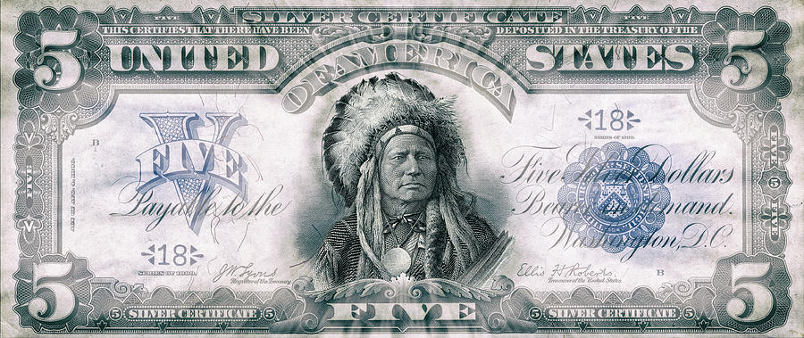 Indian Chief 1899 American Five Dollar Bill Currency Starburst Artwork Digital Art by Shawn OBrien