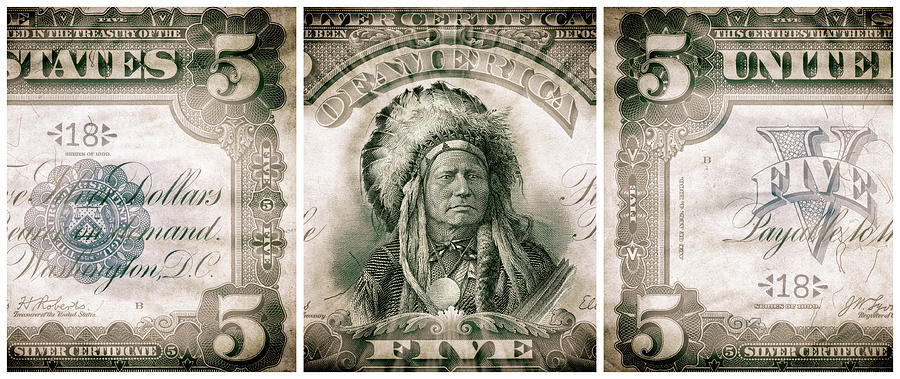 Indian Chief 1899 American Five Dollar Bill Currency Triptych Artwork Digital Art by Shawn OBrien