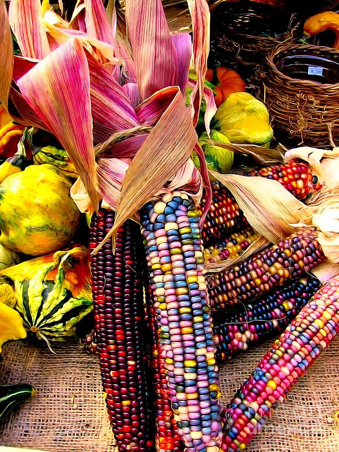 Indian Corn and Gourds with an Abstract Liquid Color Effect Photograph by Rose Santuci-Sofranko